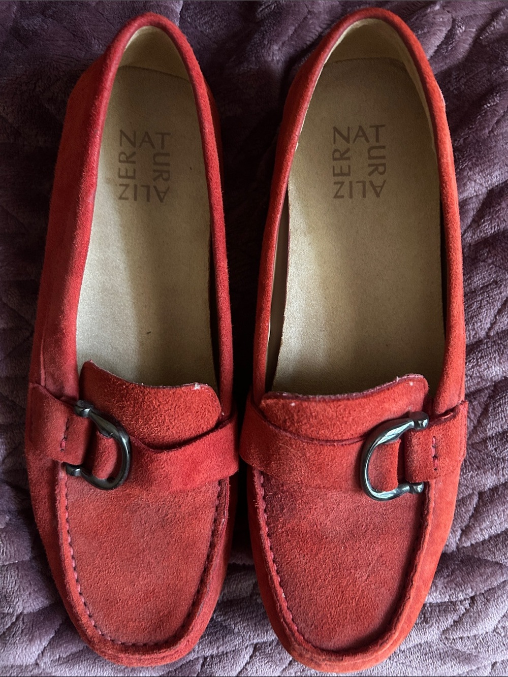 Naturalizer Red Suede Slip-On Loafers with Metal Bit